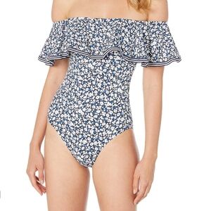 Lauren Ralph Lauren Off Shoulder 1 Pc Swimsuit 10 Blue Floral Print
